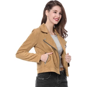 Allegra K Women’s Faux Suede Jacket Long Sleeve Zip Up Lapel Outerwear(Light Khaki)
