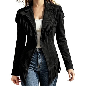 CRNTCEM Womens Suede Fringe Jacket Western Cowgirl Vintage Motorcycle Coats(Black)