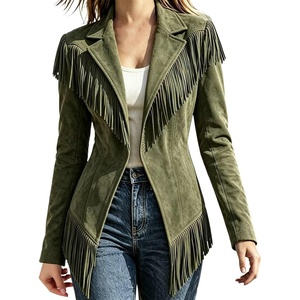 CRNTCEM Womens Suede Fringe Jacket Western Cowgirl Vintage Motorcycle Coats(Blackish Green)