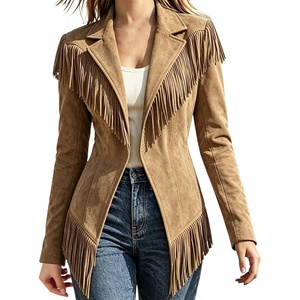 CRNTCEM Womens Suede Fringe Jacket Western Cowgirl Vintage Motorcycle Coats(Khaki)
