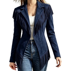 CRNTCEM Womens Suede Fringe Jacket Western Cowgirl Vintage Motorcycle Coats(Navy)