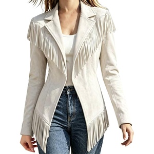CRNTCEM Womens Suede Fringe Jacket Western Cowgirl Vintage Motorcycle Coats(White)