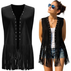 Hercicy Fringe Vest for Women 70s Hippie Western Cowgirl Vest(Black)