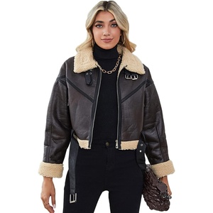 LY VAREY LIN Winter Women Faux Lamb Fur Leather Short Jacket Lapel Zipper Bomber Aviator Coat(8037brown)