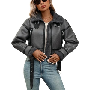 LY VAREY LIN Winter Women Faux Lamb Fur Leather Short Jacket Lapel Zipper Bomber Aviator Coat(Grey)