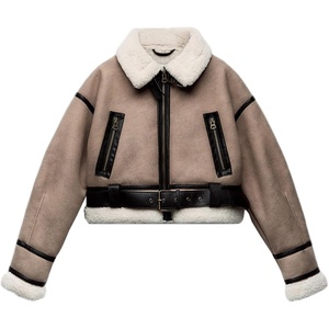 LY VAREY LIN Winter Women Faux Lamb Fur Leather Short Jacket Lapel Zipper Bomber Aviator Coat(Khaki)