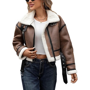 LY VAREY LIN Winter Women Faux Lamb Fur Leather Short Jacket Lapel Zipper Bomber Aviator Coat(Khaki White)