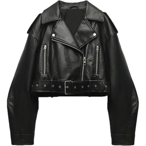 LY VAREY LIN Women Faux Leather Cropped Jacket Lapel Zipper Biker Short Coat with Belt(2371black)