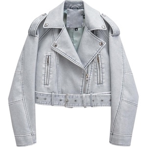 LY VAREY LIN Women Faux Leather Cropped Jacket Lapel Zipper Biker Short Coat with Belt(2371blue)