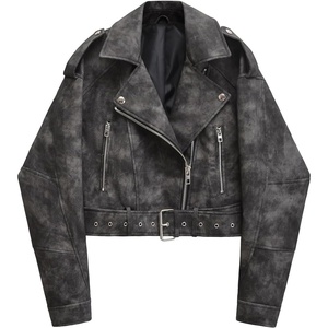 LY VAREY LIN Women Faux Leather Cropped Jacket Lapel Zipper Biker Short Coat with Belt(2371camo)
