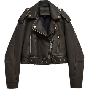 LY VAREY LIN Women Faux Leather Cropped Jacket Lapel Zipper Biker Short Coat with Belt(2371dark Green)