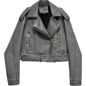 LY VAREY LIN Women Faux Leather Cropped Jacket Lapel Zipper Biker Short Coat with Belt(2371grey)