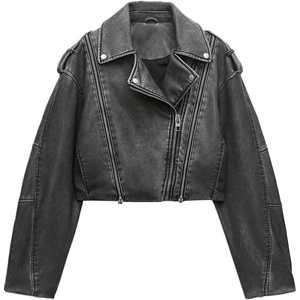 LY VAREY LIN Women Faux Leather Cropped Jacket Lapel Zipper Biker Short Coat with Belt(4341726grey)