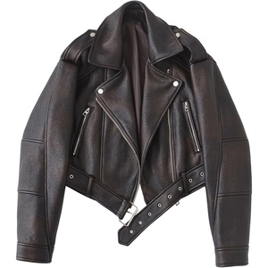 LY VAREY LIN Women Faux Leather Cropped Jacket Lapel Zipper Biker Short Coat with Belt(Brown)