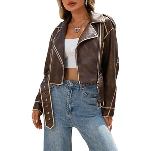 LY VAREY LIN Women Faux Leather Cropped Jacket Lapel Zipper Biker Short Coat with Belt(Dark Brown)