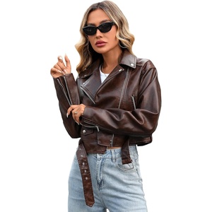 LY VAREY LIN Women Faux Leather Cropped Jacket Lapel Zipper Biker Short Coat with Belt(L2311rust Brown)