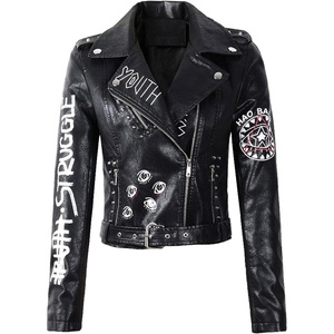 LY VAREY LIN Women’s Print Faux Leather Punk Jacket Biker Motorcycle Jacket with Belt(Black)