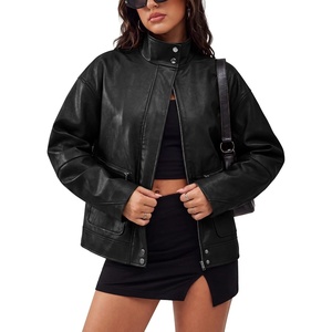 Leather Jacket Women Faux Bomber Cropped Coat 2026 Fall & Winter Outfits(Black)