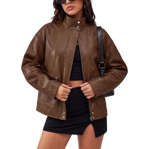Leather Jacket Women Faux Bomber Cropped Coat 2026 Fall & Winter Outfits(Brown)