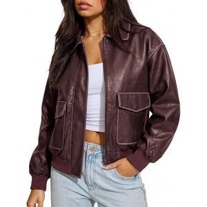 Leather Jacket for Women Faux Oversized Motorcycle Bomber Jacket(Wine Red)