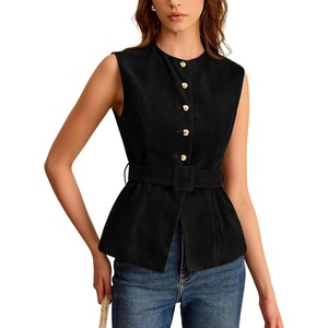 Lentta Womens Suede Vest Crew Neck Sleeveless Button Down Dressy Suit with Belt(Black)