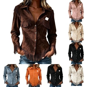 Nantdog Boho Jackets for Women Western Fringe Shacket Suede Barn Jackets(Brown)