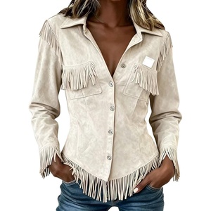 Nantdog Boho Jackets for Women Western Fringe Shacket Suede Barn Jackets(White)