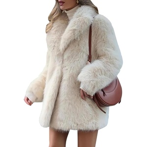 PEHMEA Womens Faux Fur Coat Winter Warm Fuzzy Belted Lapel Party Jacket(Beige)