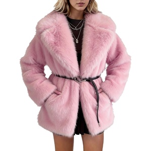 PEHMEA Womens Faux Fur Coat Winter Warm Fuzzy Belted Lapel Party Jacket(Pink)