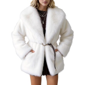 PEHMEA Womens Faux Fur Coat Winter Warm Fuzzy Belted Lapel Party Jacket(White)
