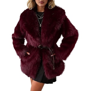 PEHMEA Womens Faux Fur Coat Winter Warm Fuzzy Belted Lapel Party Jacket(Winered)