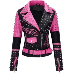 RISISSIDA Women Faux Leather Studded Moto Jacket Belted Short Streetwear(076 Black-pink)