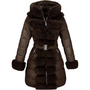 RISISSIDA Women Winter Puffer Leather Coat with Fur Trim Hooded(Brown)