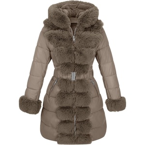 RISISSIDA Women Winter Puffer Leather Coat with Fur Trim Hooded(Gray)