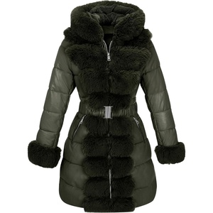 RISISSIDA Women Winter Puffer Leather Coat with Fur Trim Hooded(Green)