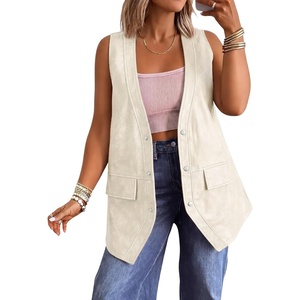 Tankaneo Womens Oversized Faux Leather Long Vest V Neck Sleeveless Jacket(Beige)