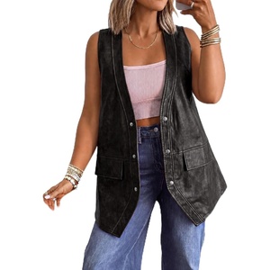 Tankaneo Womens Oversized Faux Leather Long Vest V Neck Sleeveless Jacket(Black)