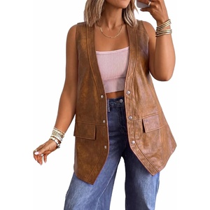 Tankaneo Womens Oversized Faux Leather Long Vest V Neck Sleeveless Jacket(Brown)