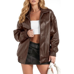 Womens Faux Leather Jackets Oversized Fall Bomber Zip Up Coats(Drak Brown)