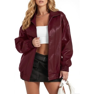 Womens Faux Leather Jackets Oversized Fall Bomber Zip Up Coats(Wine Red)