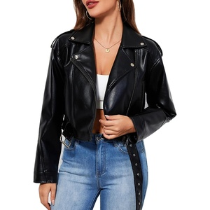 Women’s Faux Leather Moto Biker Jacket Crop Punk Rivet Coat with Belt Short PU Leather Outerwear(Black1)