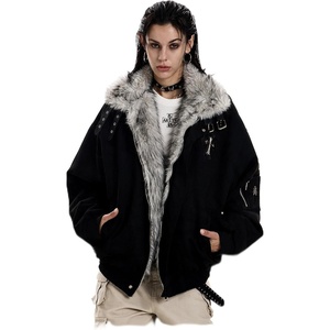 Women’s Vintage Gothic Moto Jacket, Faux Fur Collar, Y2K Streetwear pockets(Black)