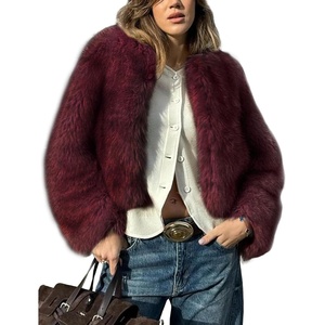 Wyeysyt Women Faux Fur Coat Cropped Fur Fluffy Winter Warm Coat(Winered)
