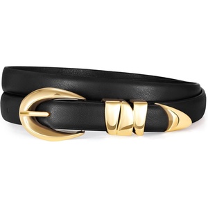 XZQTIVE Women’s Skinny Leather Belts Ladies Thin Waist Belts for Jeans Dress Pants Trendy Black Belt with Gold Buckle(Black(golden Buckle))