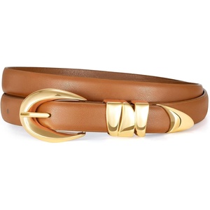 XZQTIVE Women’s Skinny Leather Belts Ladies Thin Waist Belts for Jeans Dress Pants Trendy Black Belt with Gold Buckle(Brown(golden Buckle))