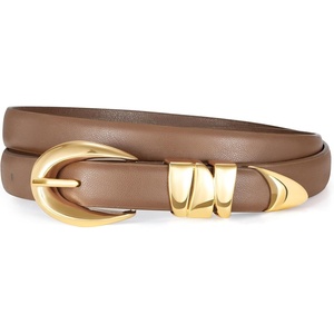 XZQTIVE Women’s Skinny Leather Belts Ladies Thin Waist Belts for Jeans Dress Pants Trendy Black Belt with Gold Buckle(Khaki(golden Buckle))