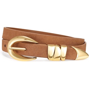 XZQTIVE Women’s Skinny Leather Belts Ladies Thin Waist Belts for Jeans Dress Pants Trendy Black Belt with Gold Buckle(Suede Brown(golden Buckle))