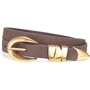 XZQTIVE Women’s Skinny Leather Belts Ladies Thin Waist Belts for Jeans Dress Pants Trendy Black Belt with Gold Buckle(Suede Coffee(golden Buckle))