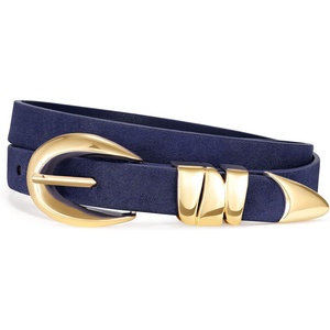XZQTIVE Women’s Skinny Leather Belts Ladies Thin Waist Belts for Jeans Dress Pants Trendy Black Belt with Gold Buckle(Suede Navy Blue(golden Buckle))