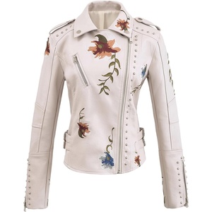 YILANUOYI Women’s Embroidered Studded Faux Leather Jacket Moto Punk Jacket Floral Coat(Xhpy Beige)
